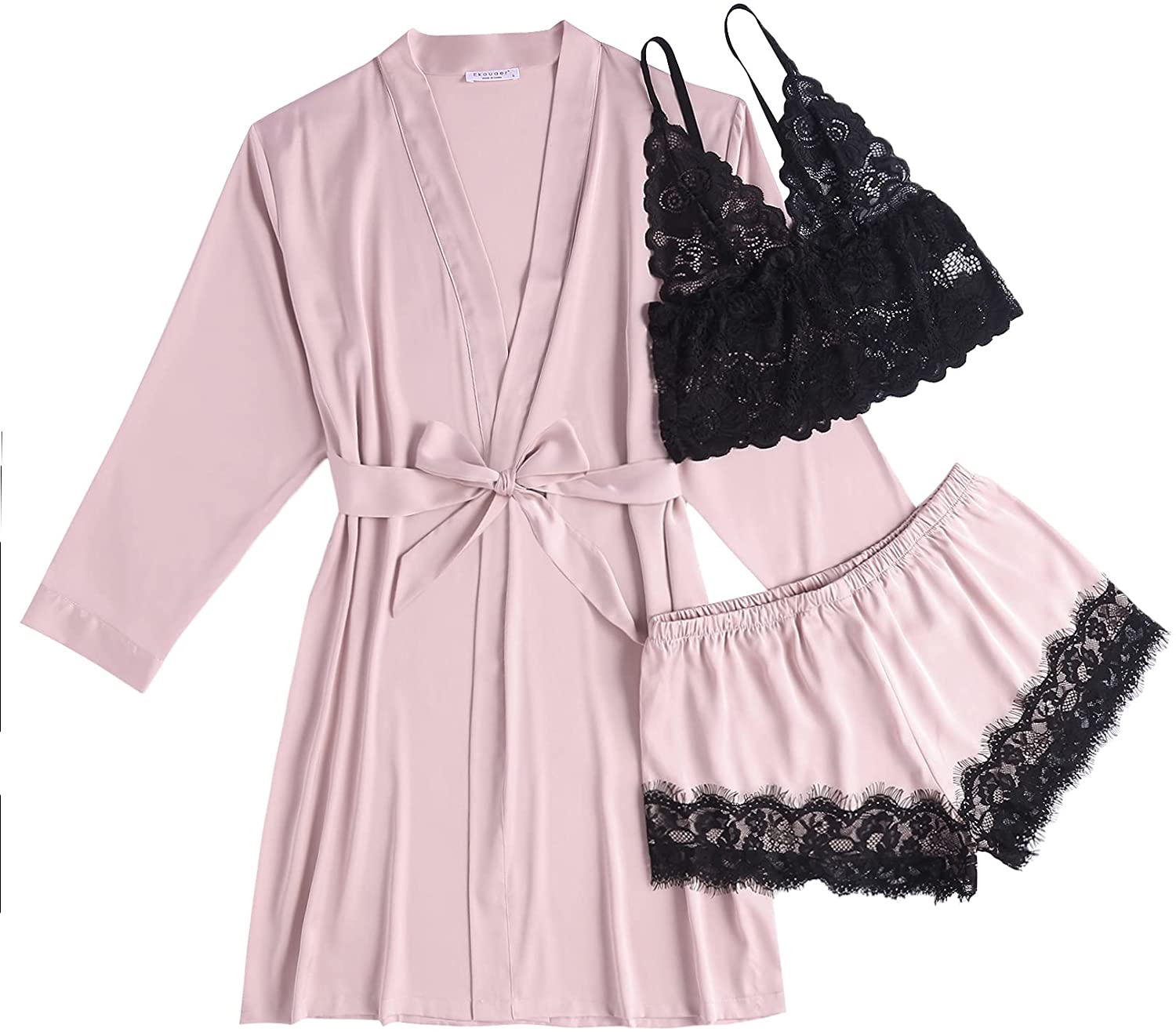 Price:$22.99 Women's 3 Pcs Sleepwear Satin Robe and Lingerie Set Floral Lace Trim Pajama Set Sexy Lingerie with Robes: Clothing, Shoes & Jewelry