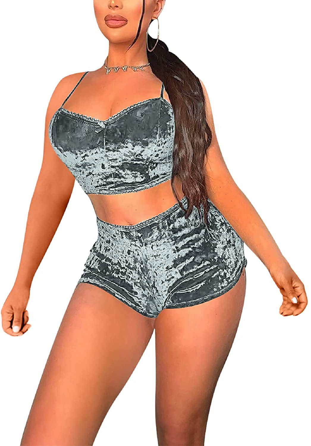 Price:$19.99 Women's Sexy Velvet 2 Piece Cami Set Slim Fit Crop Tops and Shorts Outfit Sleepwear Lounge Pajamas Set Rompers at Amazon Women’s Clothing store