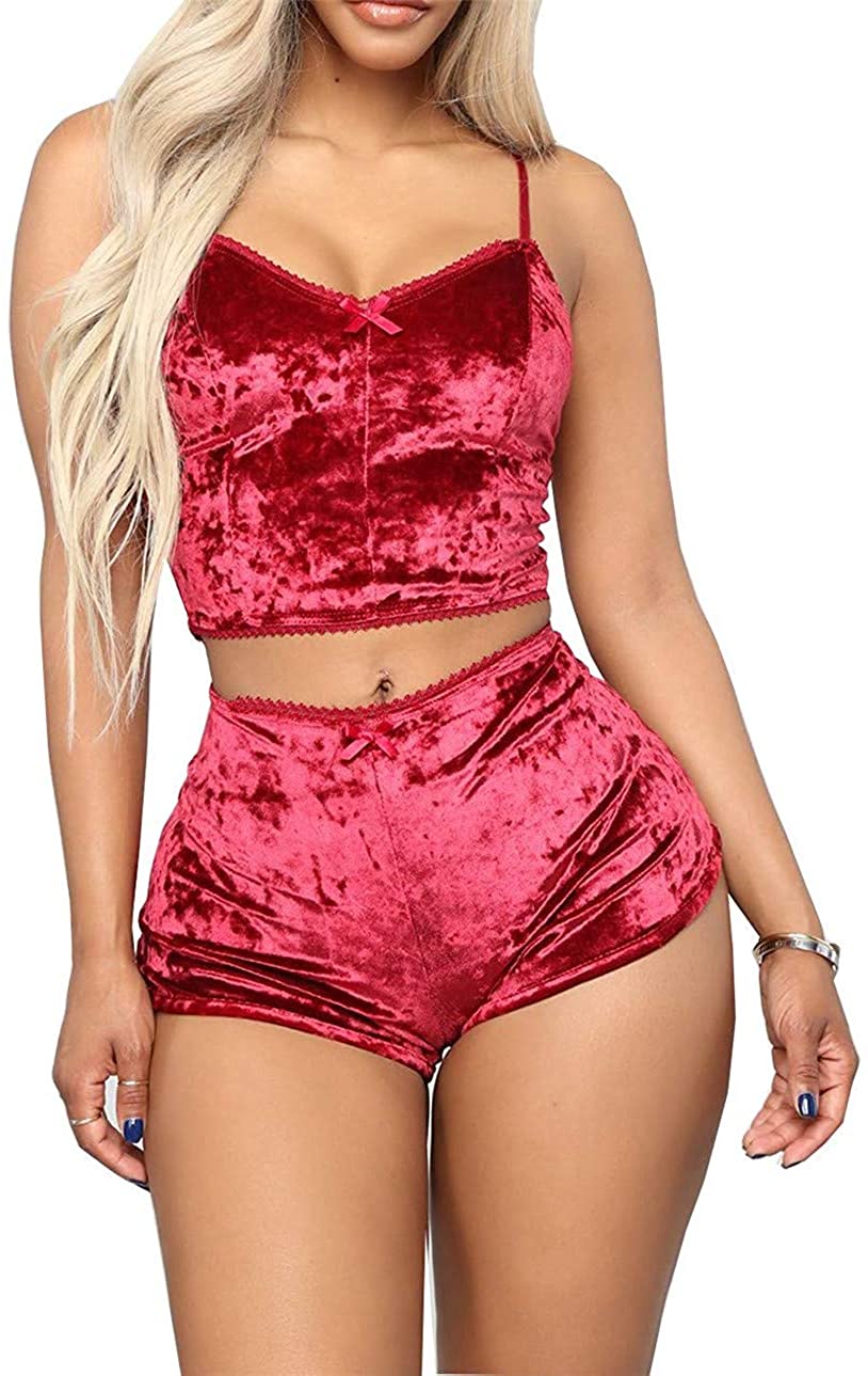 Price:$7.89 2 Piece Sexy Velvet Strappy Babydoll Lingerie Satin Pajama Set Straps Camisole Top with Shorts Sleepwear Set at Amazon Women’s Clothing store