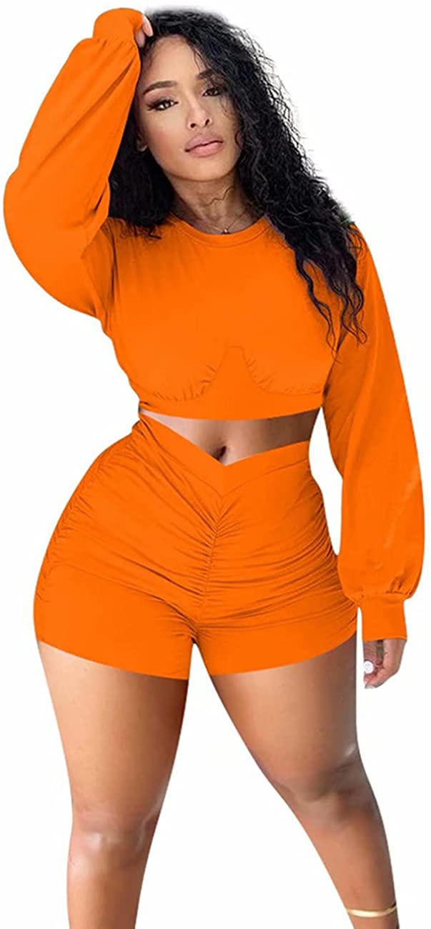 Price:$27.99 Piece Outfits for Women Cute Lantern Sleeve Sweatshirts Crop Top Ruched Short Pajama Set Tracksuit at Amazon Women’s Clothing store