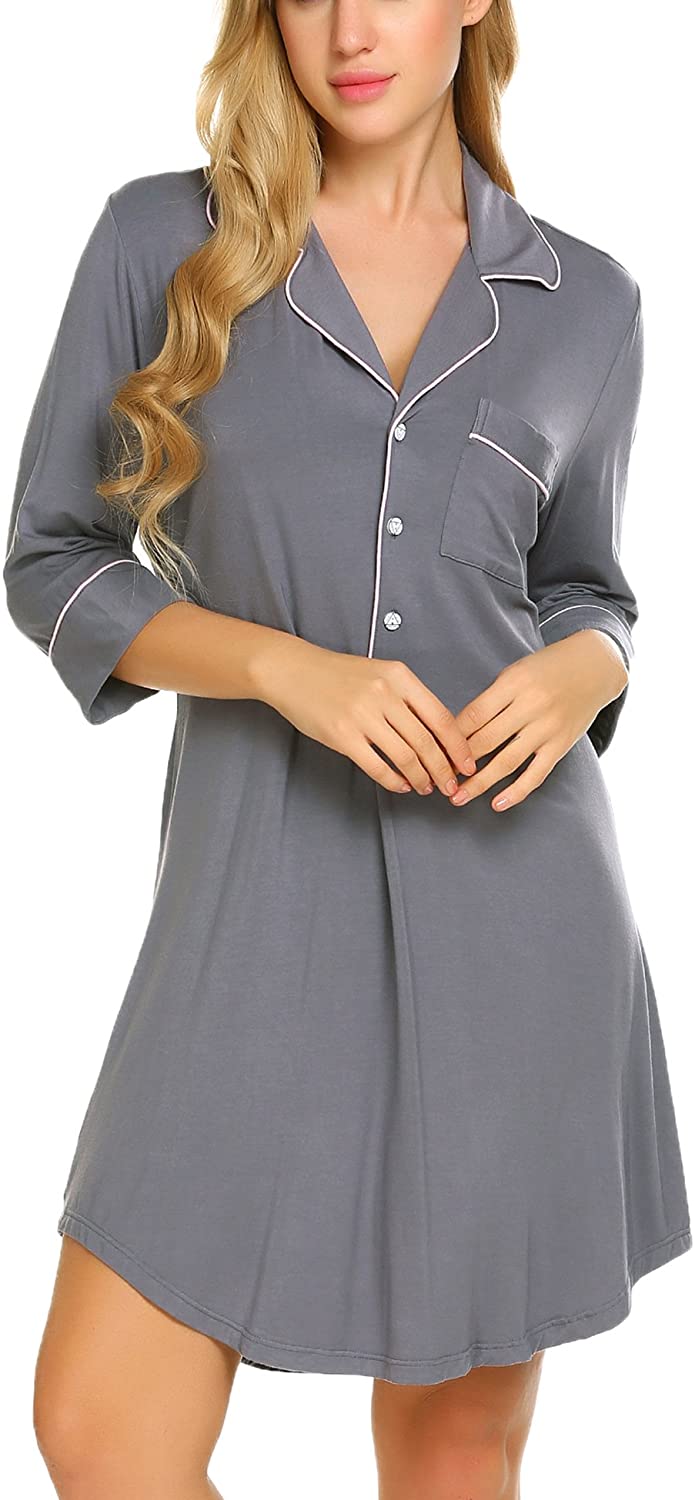 Price:$19.99 Button Down Sleepshirt 3/4 Sleeve & Half Sleeve Nightgown Notch Collar Pajama Top Boyfriend Nightdress for Women at Amazon Women’s Clothing store