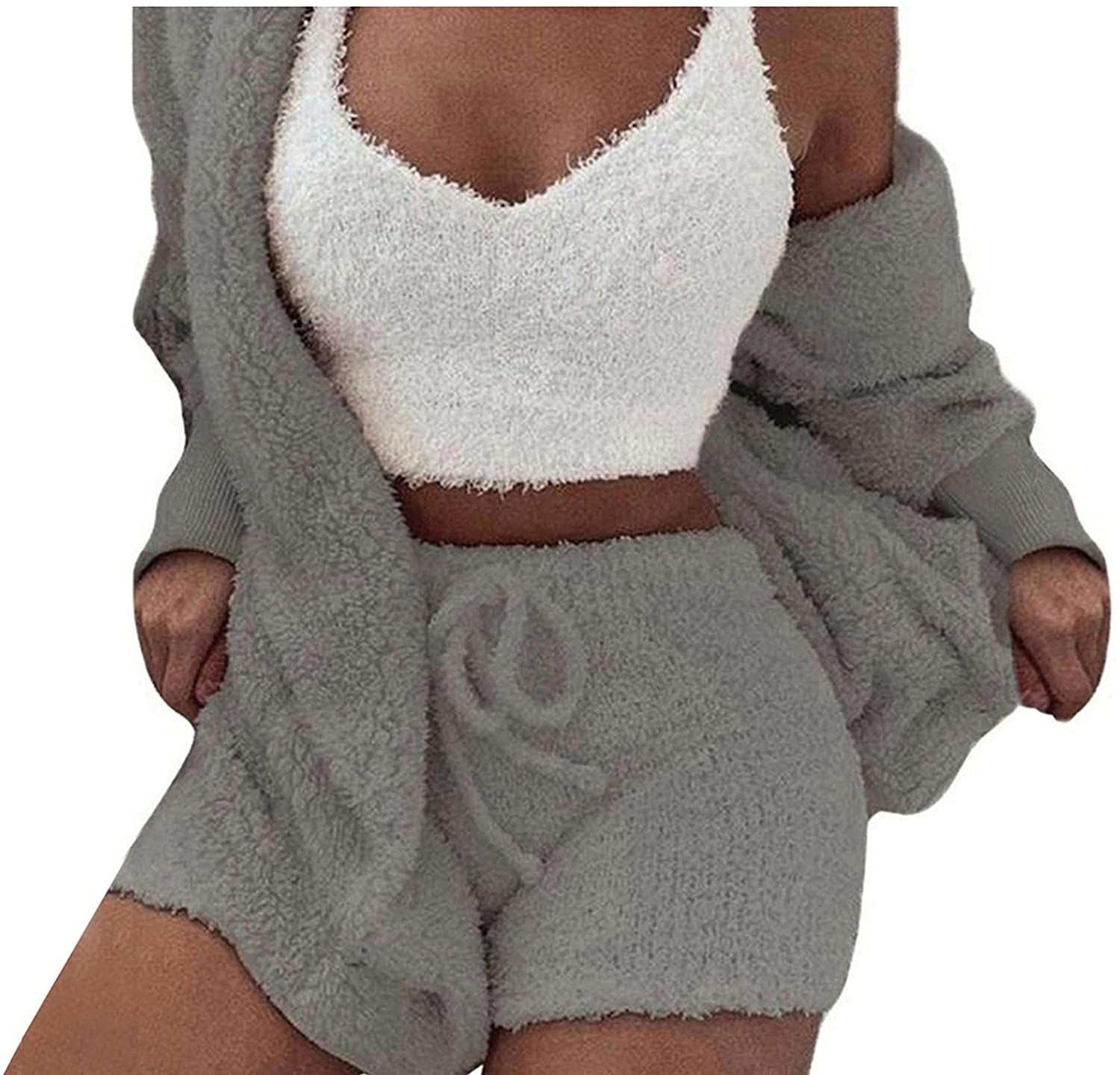 Price:$8.99 Womens Sexy 3 Piece Outfits Fuzzy Fleece Open Front Hooded Cardigan + Crop Top Shorts Set Loungewear at Amazon Women’s Clothing store