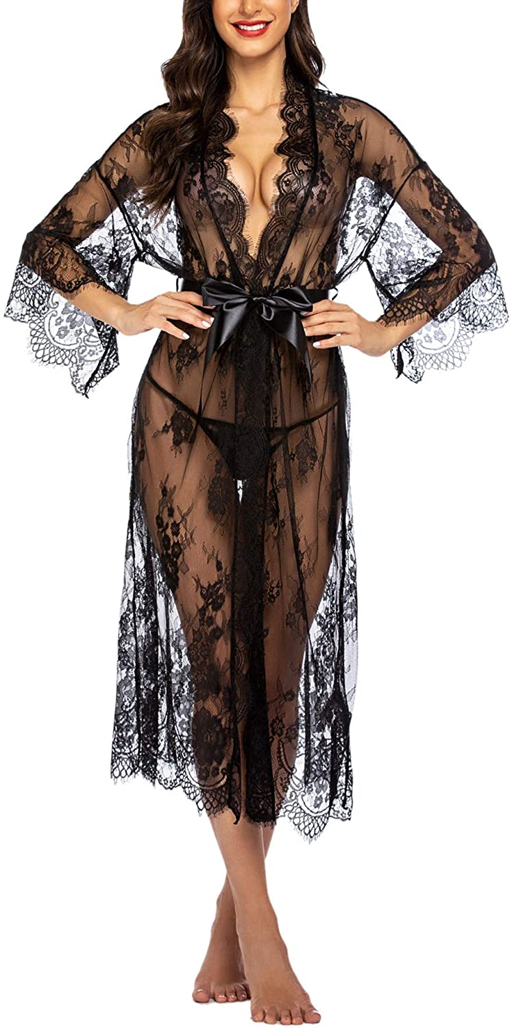 Price:$17.68 Women Sexy Long Lace Lingerie Kimono Robe Sheer Babydoll Nightgown Nightdress at Amazon Women’s Clothing store
