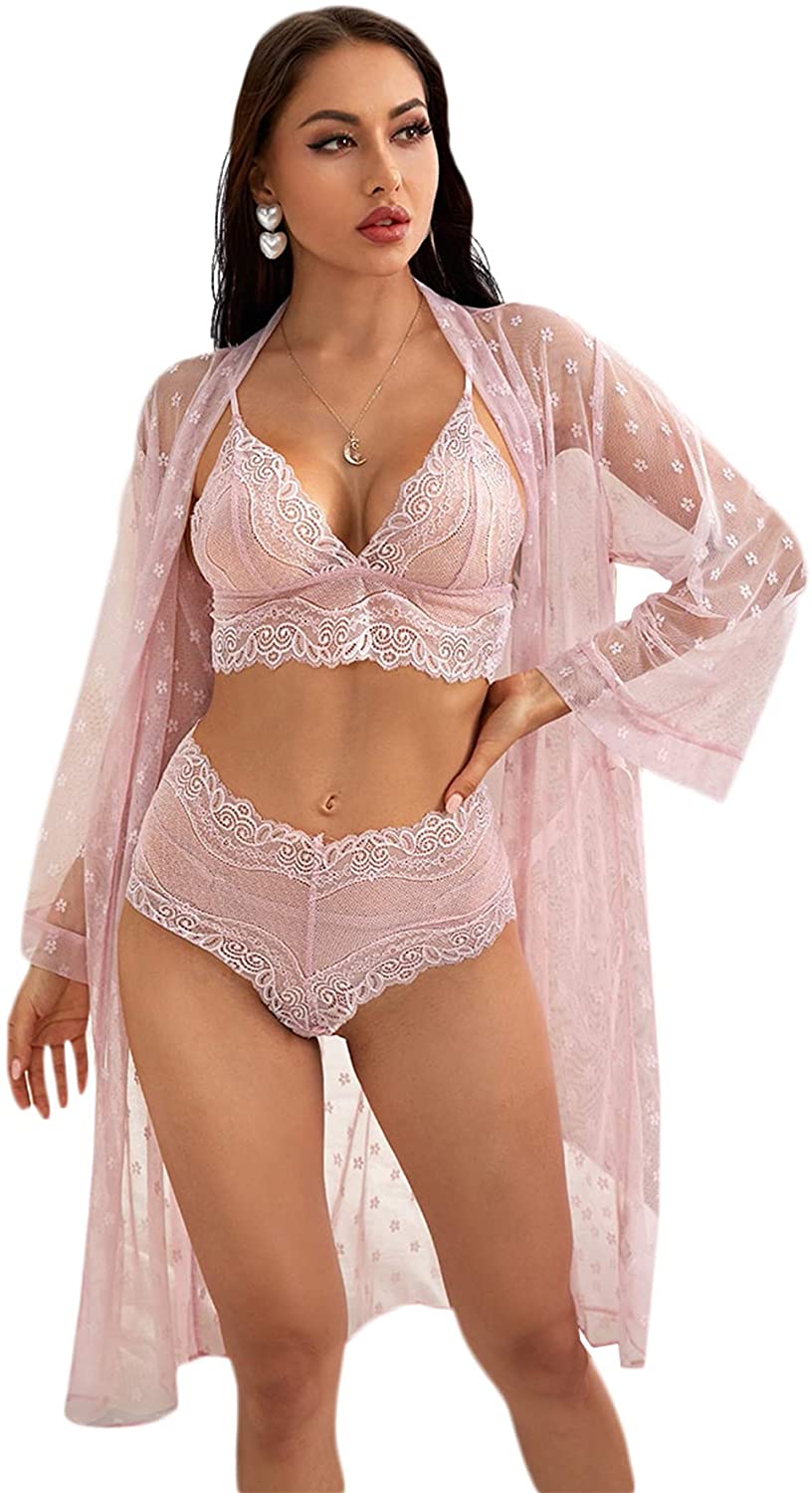 Price:$23.99 Women's Sexy Kimono Robe Set Lace Cami and Shorts Lingerie Mesh Pajamas: Clothing, Shoes & Jewelry