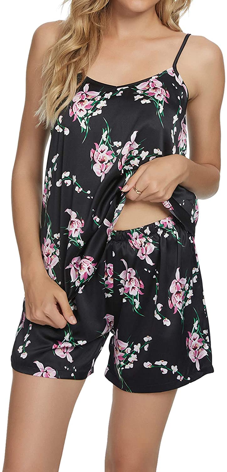 Price:$11.49 for Women Pjs Set Stain Floral V Neck Cami and Shorts Sleepwear Lady Nightwear Soft Lounge Set Sexy Lingerie at Amazon Women’s Clothing store
