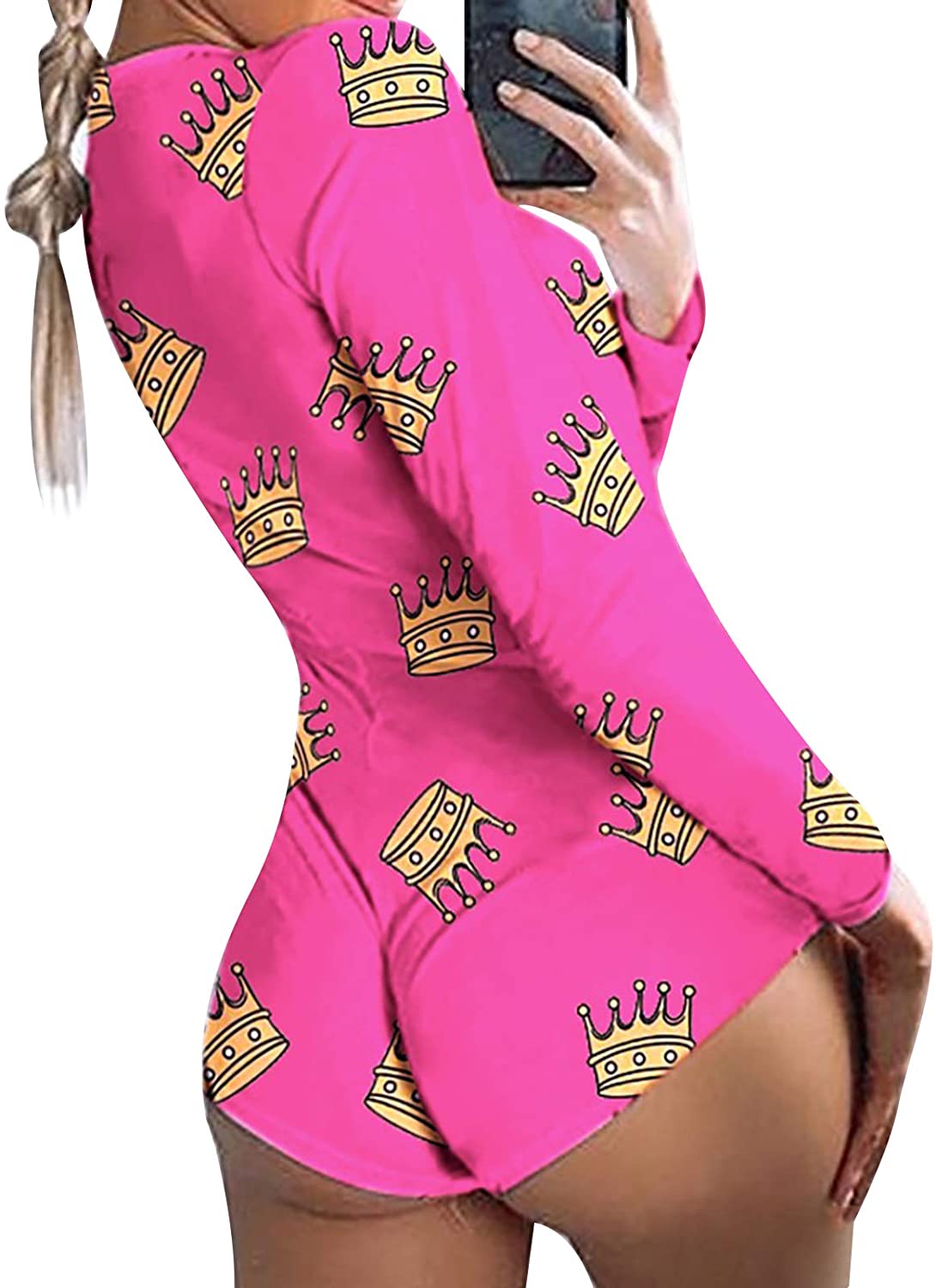 Price:$13.80 Onesie Sexy Deep V neck Pajamas Button Printed Bodysuit Bodycon Jumpsuit Long Sleeve Leotard Underwear (Rose red Crown, M) at Amazon Women’s Clothing store