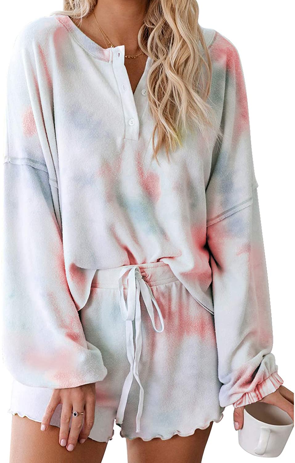 Price:$19.99 Star Women Pajamas Tie Dye Print Long Sleeve Shirt Elastic Drawstring Shorts 2 Piece Set Sleepwear loungewear at Amazon Women’s Clothing store