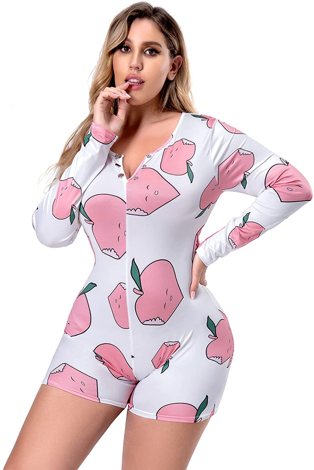 Price:$15.51 Women Sexy Pajamas Onesies Long Sleeve V Neck Bodycon Short Romper One Piece Sleepwear with Button : Clothing, Shoes & Jewelry