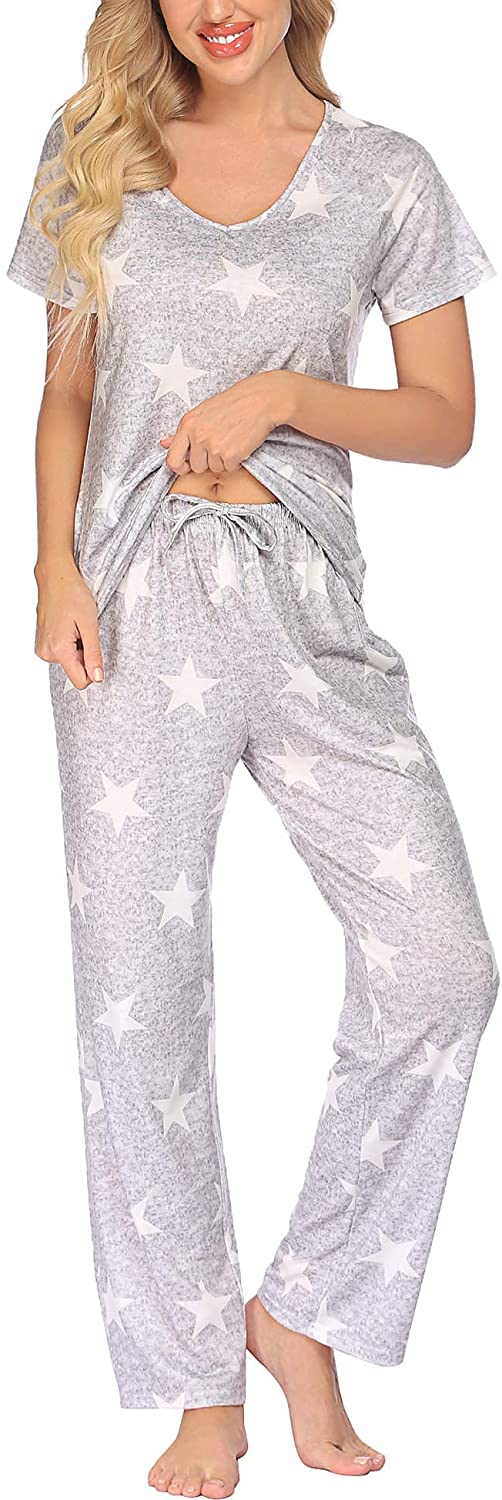 Price:$19.99 Women Pajama Sets V-Neck Short Sleeve Tops with Drawstring Pants Sleepwear Soft Pj Sets Nightwear at Amazon Women’s Clothing store