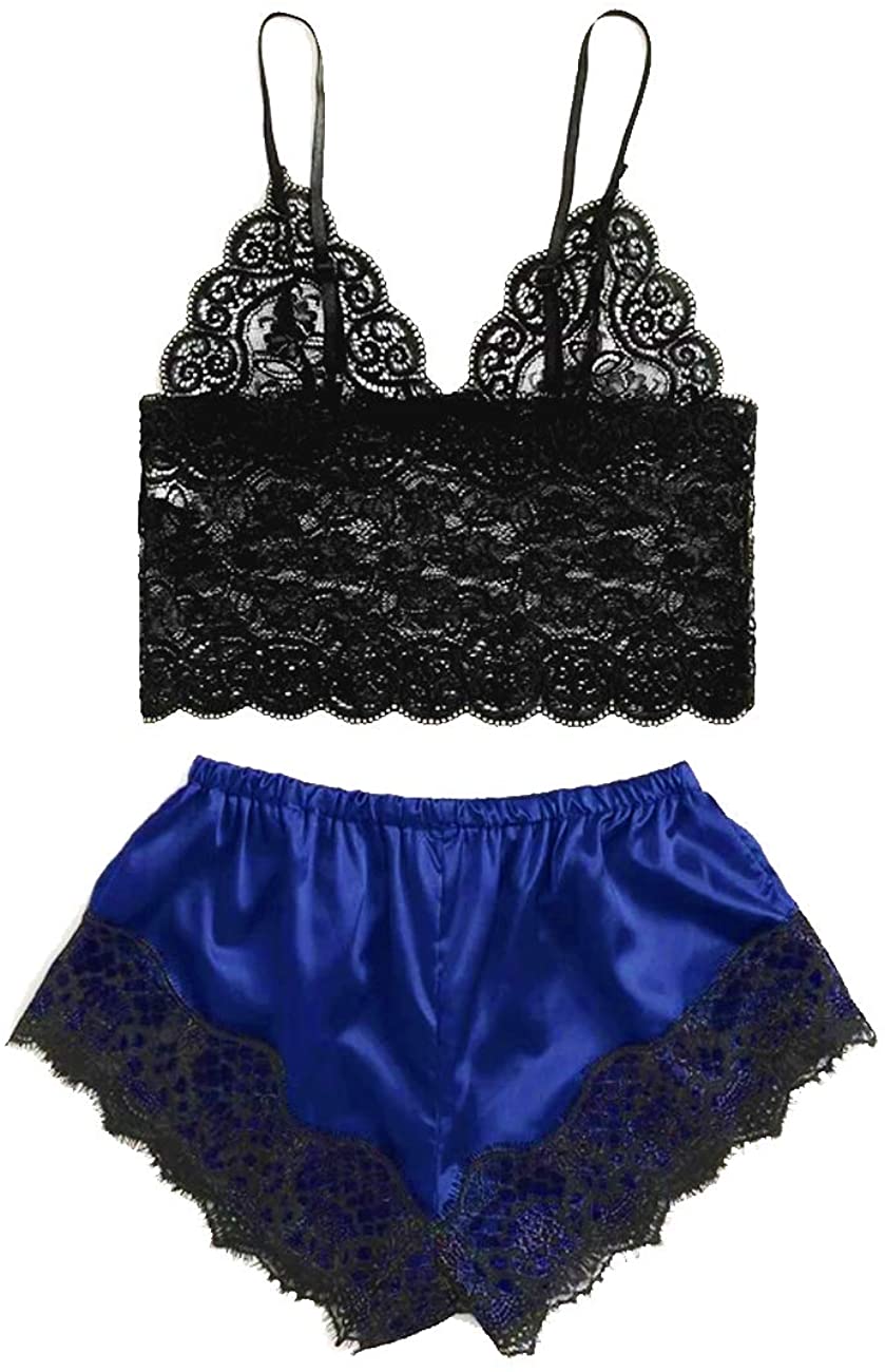 Price:$9.99 Lingerie Pajamas Set Sexy Women Lace Cami Top with Satin Shorts 2 Piece Strap Trim Spaghetti Silk Sleepwear Gift at Amazon Women’s Clothing store