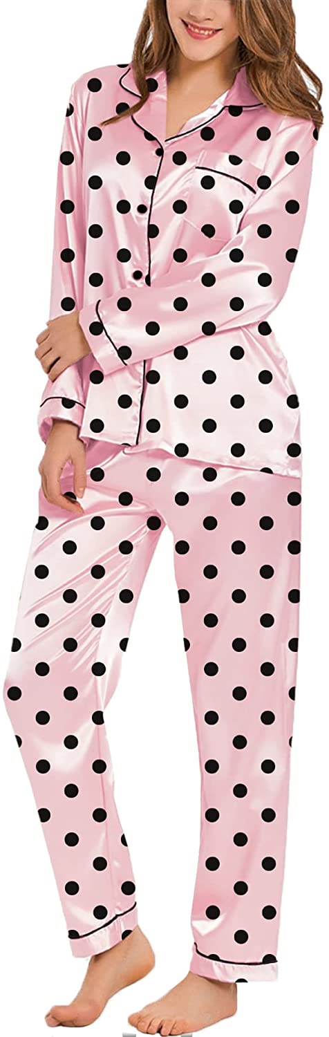 Price:$15.99 Womens Silk Satin Pajamas Loungewear Two-piece Sleepwear Button-Down Pj Set at Amazon Women’s Clothing store