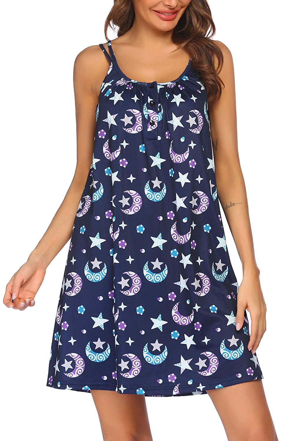 Price:$14.99 Sleepwear Womens Sleeveless Nightgown Print Pajama Dress Cotton Sleepshirts Slip Night Dress at Amazon Women’s Clothing store