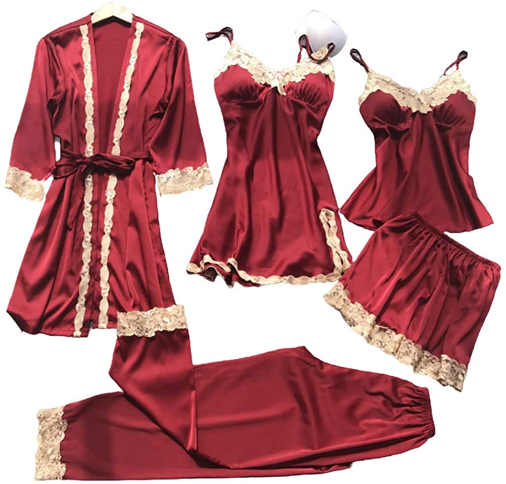 Price:$38.99 Women Satin Pajama Sets 5 Pieces Pyjamas Sexy Lace Sleepwear Sleep Lounge Silk Solid Color Pijama with Chest Pads : Clothing, Shoes & Jewelry