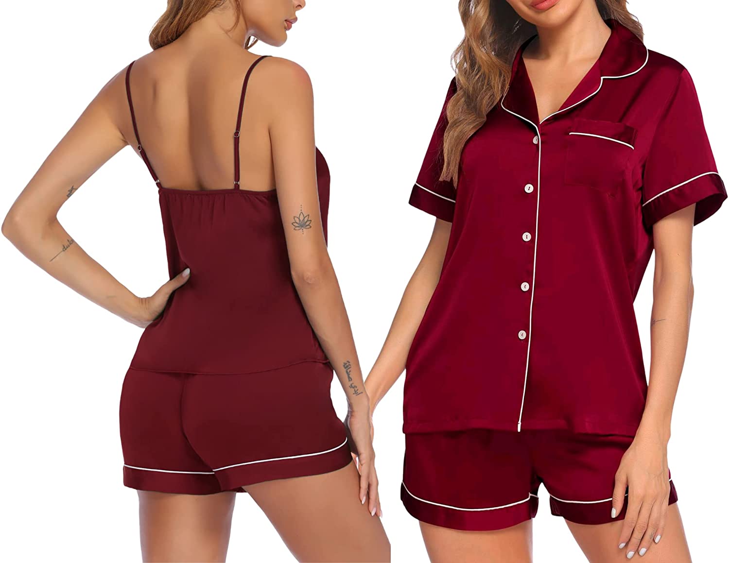 Price:$29.99 Silk Satin Pajamas Set 3 Pieces Button Down Lounge Set Short Sleeve Pjs with Cami Tops at Amazon Women’s Clothing store