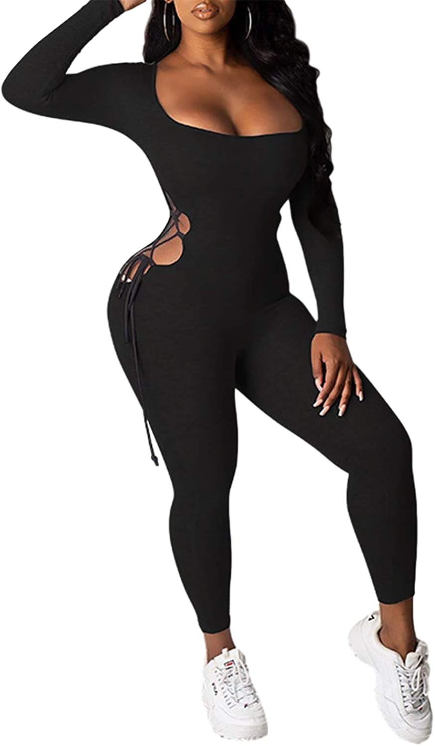 Price:$13.99 Women's Longsleeve One Piece Jumpsuit with Hollow Side Bandage Activewear Casual Bodycon Rompers Playsuit : Clothing, Shoes & Jewelry