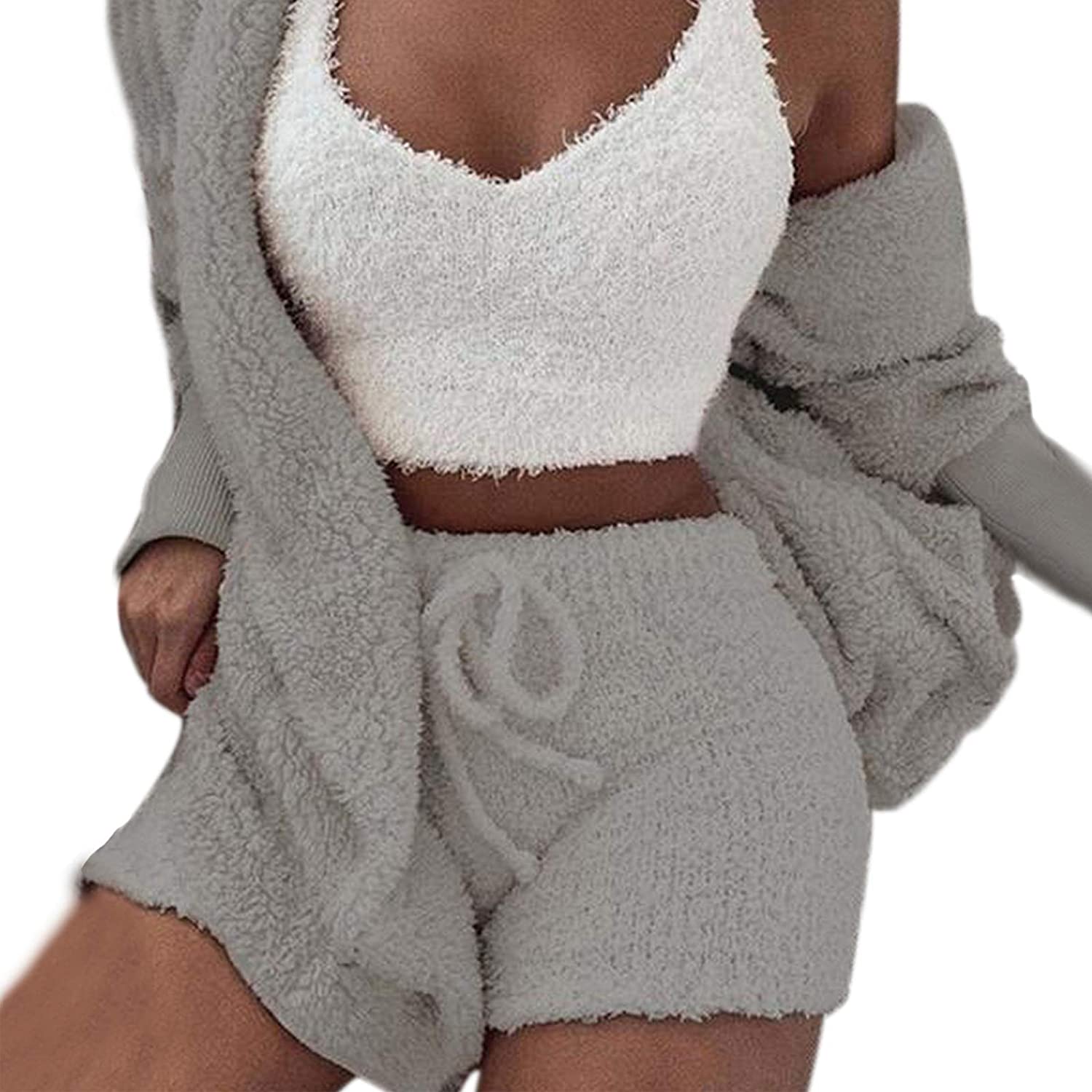 Price:$26.99 Sexy Warm Fuzzy Fleece 3 Piece Outfits Pajamas, Sherpa Coat Jacket Outwear and Spaghetti Strap Crop Top Shorts Set at Amazon Women’s Clothing store