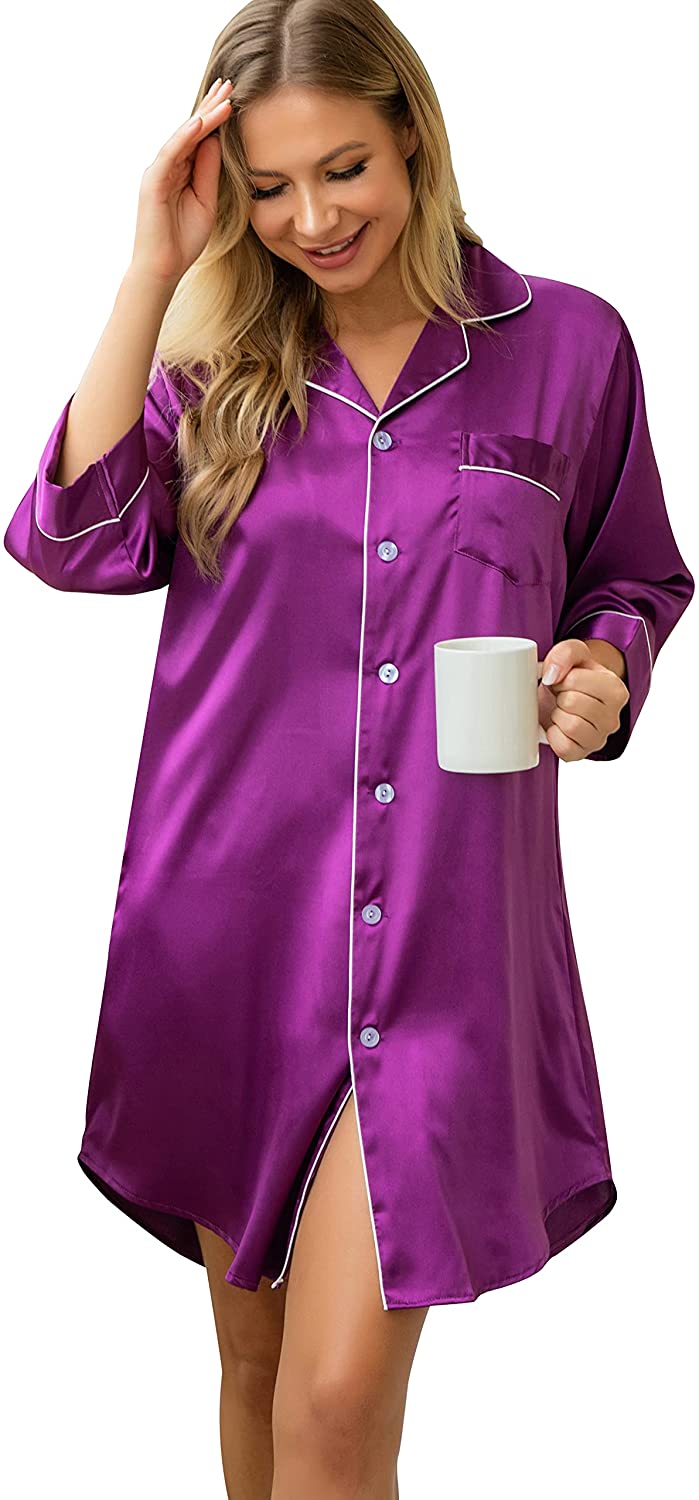 Price:$18.96 Women's Nightgown 3/4 Sleeve Nightshirt Full Button Down Satin Sleepwear Sexy Silk Notch Collar Nightdress at Amazon Women’s Clothing store