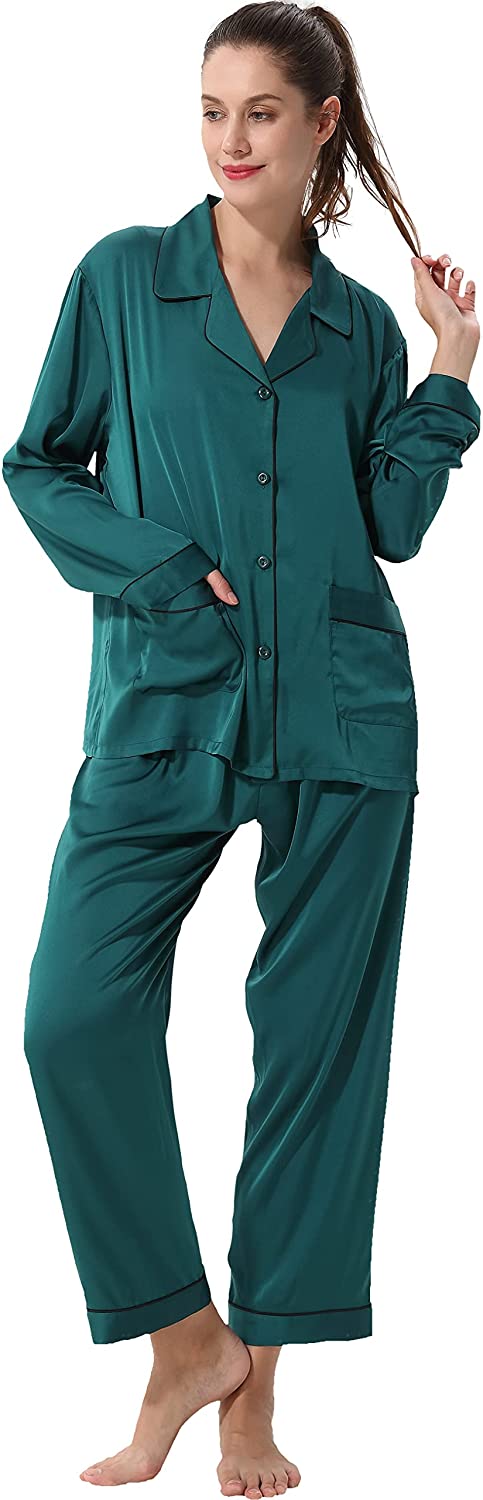 Price:$24.99 Woen's Button Down Satin Pajamas Set Short Sleeves & Shorts Classic Silk Smooth Women's Loungewear for Summer at Amazon Women’s Clothing store