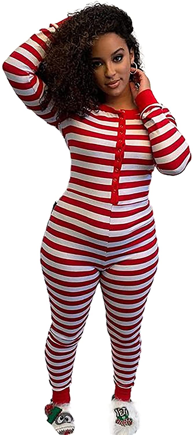 Price:$19.99 Christmas Strip Sexy Bodycon Rompers One Piece Pajamas Bodysuit Jumpsuit Long Sleeve Deep V Neck Leotard Overalls : Clothing, Shoes & Jewelry