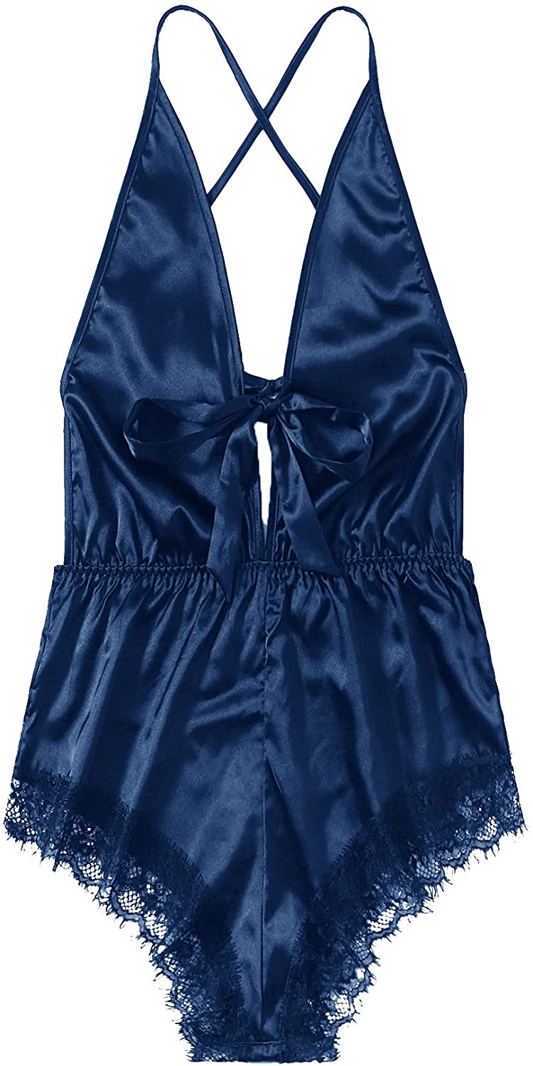 Price:$14.99 Women's Satin Lingerie Lace Trim Teddy Bow Knot Romper Bodysuit Babydoll at Amazon Women’s Clothing store