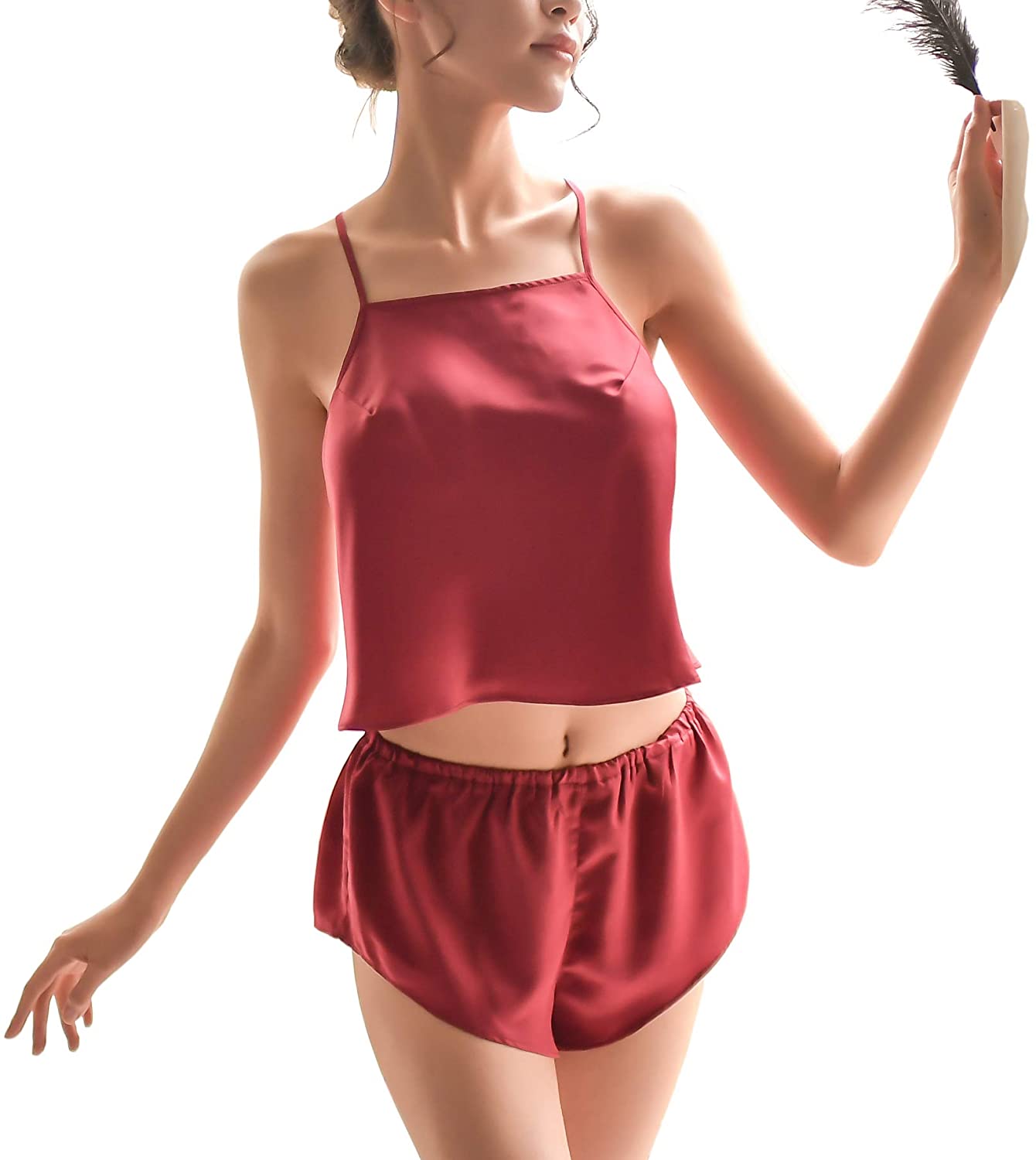 Price:$9.99 Sexy Pajamas Set Silk Lingerie 2 Piece Satin Cami Shorts Sleepwear Set at Amazon Women’s Clothing store