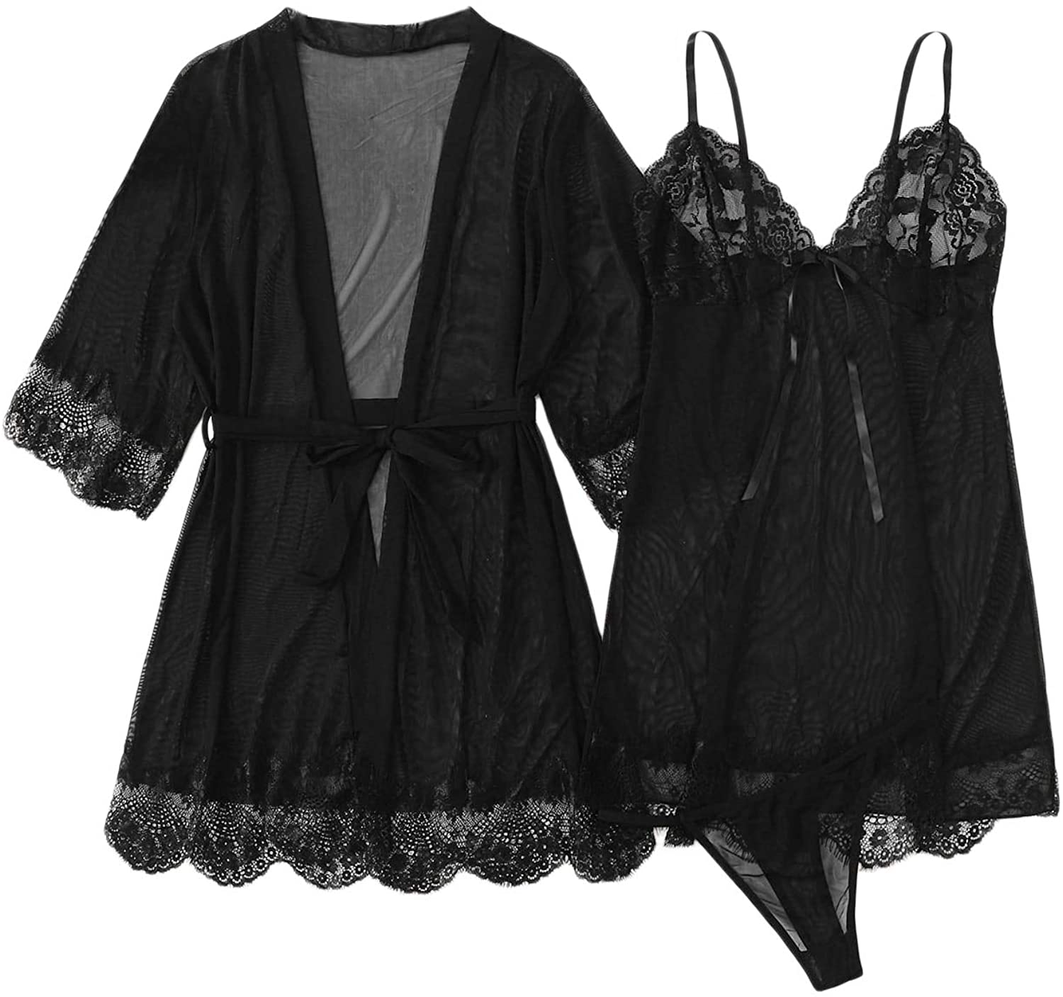 Price:$18.99 Women's 3 Piece Sheer Lace Robe and Babydoll Lingerie with Thong Pajama Set at Amazon Women’s Clothing store