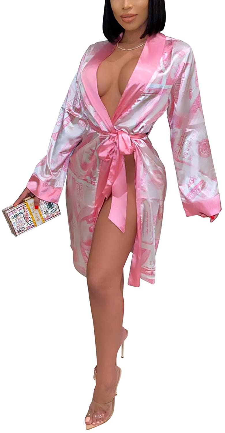 Price:$23.99 Sexy Satin Robe Bridal Dressing Gown Wedding Kimono Sleepwear Dollar Print Bathrobe at Amazon Women’s Clothing store