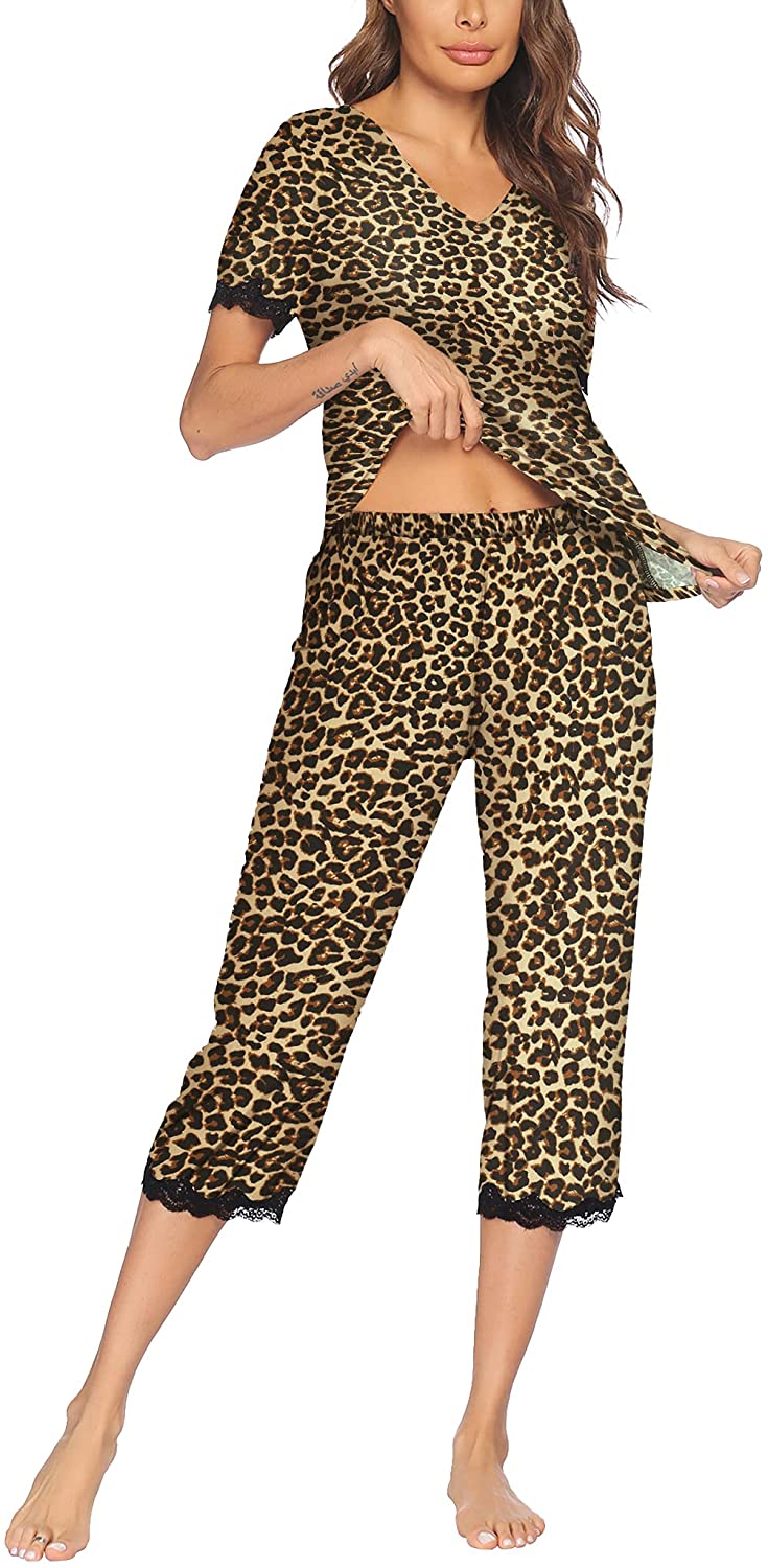 Price:$23.99 Women's Pajamas Set Lace Short Sleeve Sleepwear Pjs Capri Pants Sets S-XXL at Amazon Women’s Clothing store