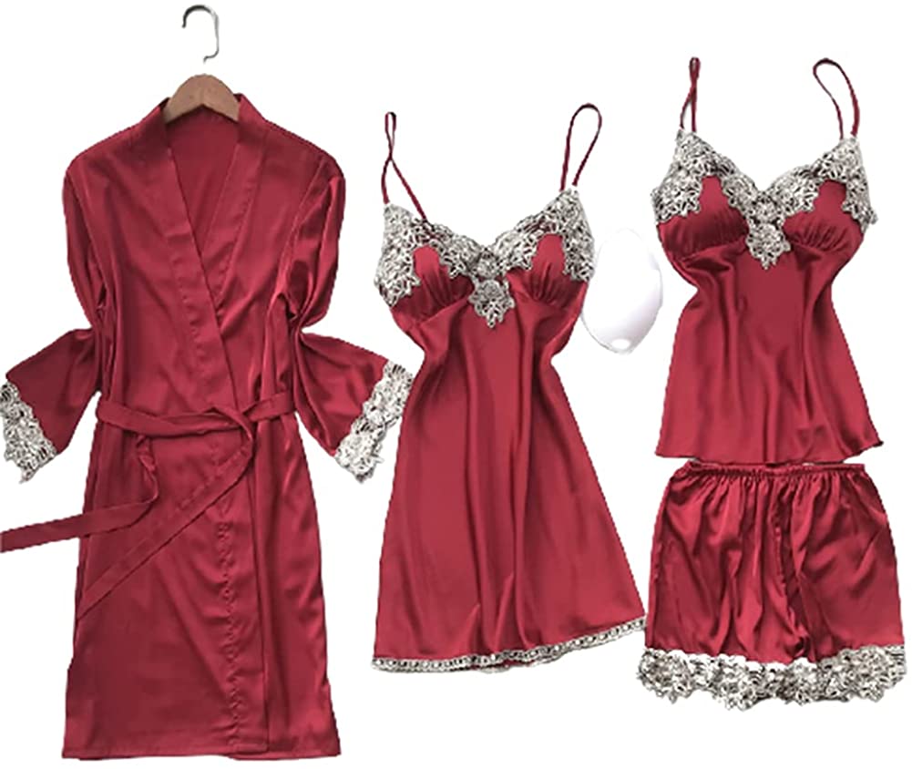 Price:$25.99 Women's 4pcs Pajamas Sets Satin Silk Lace Sleepwear for Women with Chest pads Sexy Solid Color Robe Nightwear : Clothing, Shoes & Jewelry
