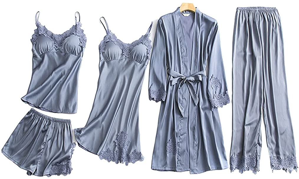 Price:$38.99 Satin Pajama Set for Women 4-5Pcs Sexy Sleepwear Silky Pajama Set Lace Cami Pjs with Robe Nightwear : Clothing, Shoes & Jewelry