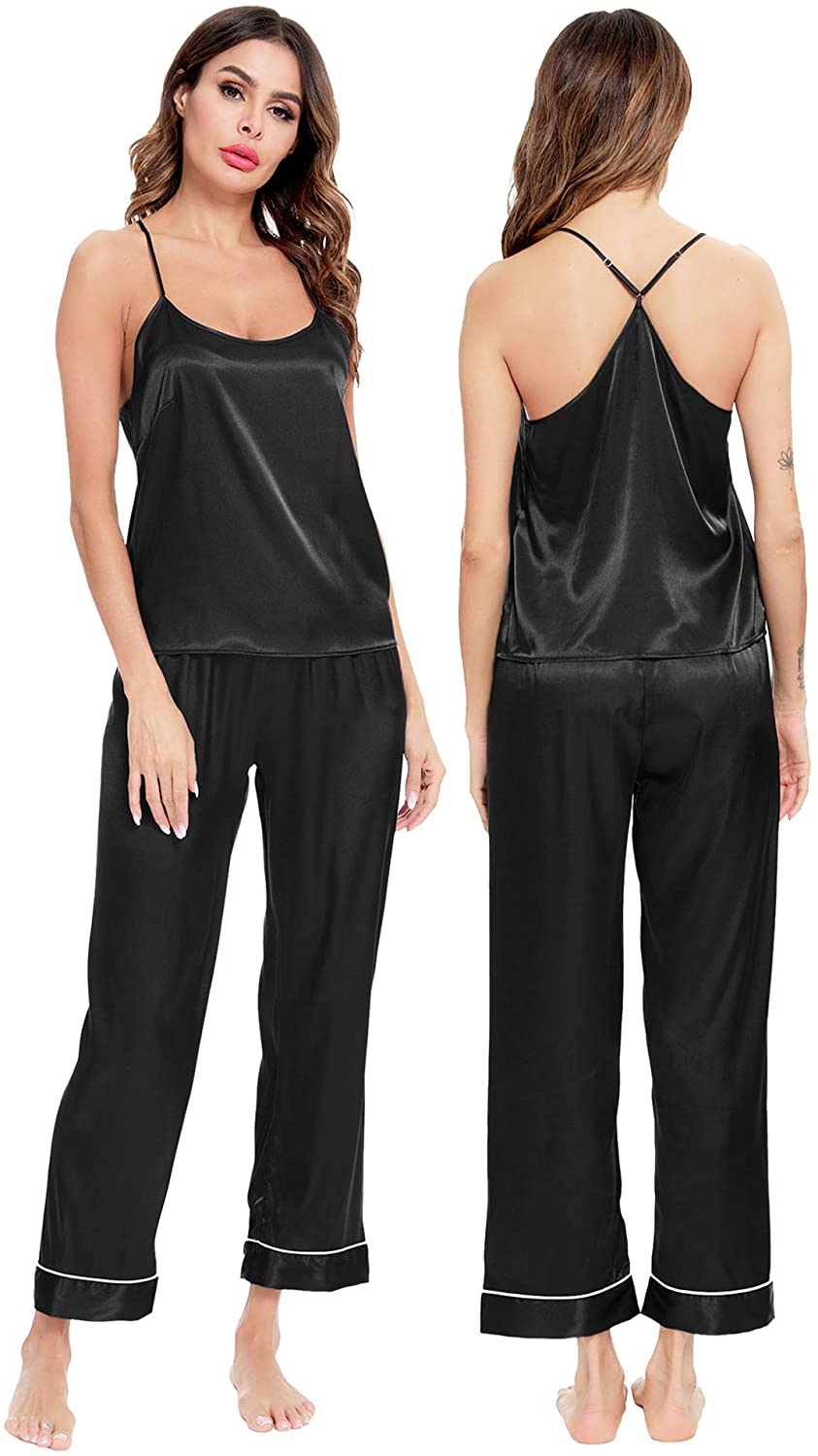 Price:$16.99 Women Satin Pajamas Set Silk Sleepwear Cami Top Pants Sets 2 Piece Sexy Lingerie Pj Set at Amazon Women’s Clothing store
