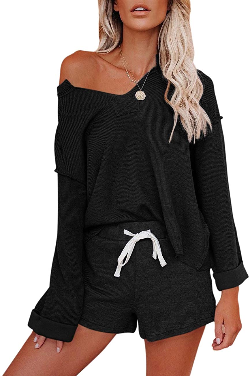 Price:$29.99 Women's Long Sleeve Pajama Set Henley Knit Tops and Shorts Sleepwear Loungewear at Amazon Women’s Clothing store