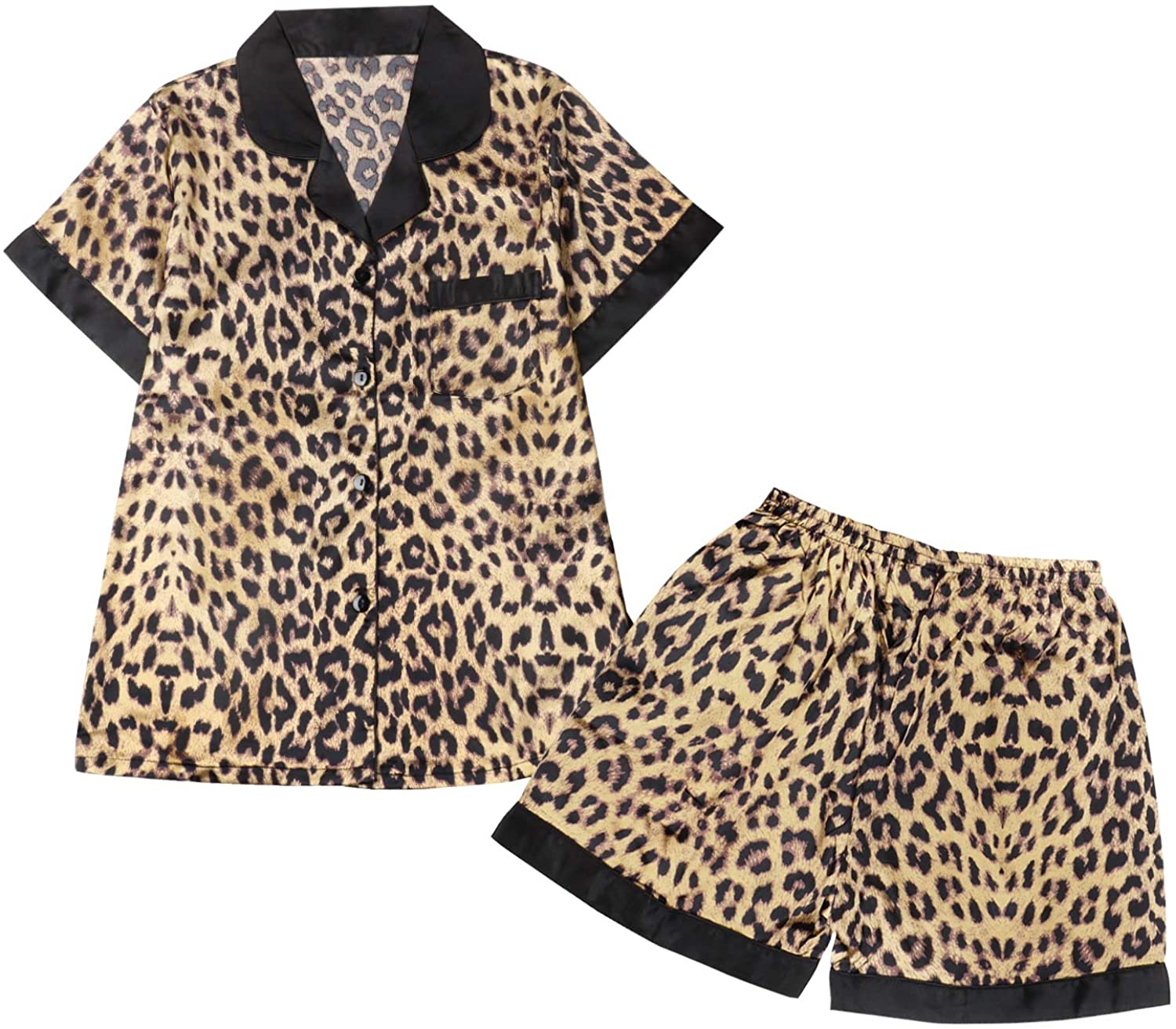 Price:$12.99 Silk Like Sleepwear Satin Feel Pajamas Set Notch Collar Night Top Matching Shorts at Amazon Women’s Clothing store