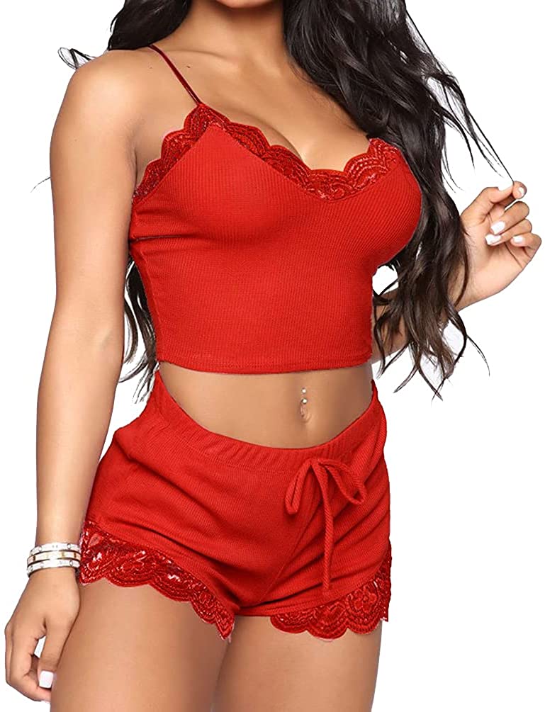 Price:$19.89 Women Sexy Sleeveless Pajama Set Lace Cami Knitted Set with Short Pants Sleepwear Pjs Lounge Wear Nightwear at Amazon Women’s Clothing store