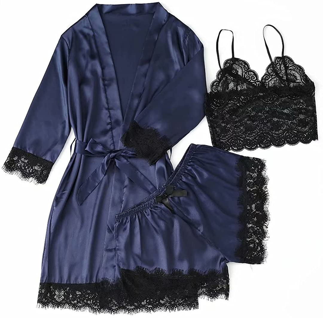 Price:$22.99 Silk Pajama Set for Women with Robe 3pcs Short Sleeve Sleepwear Floral Lace Trim Cami Top Satin Nightgown: Clothing, Shoes & Jewelry