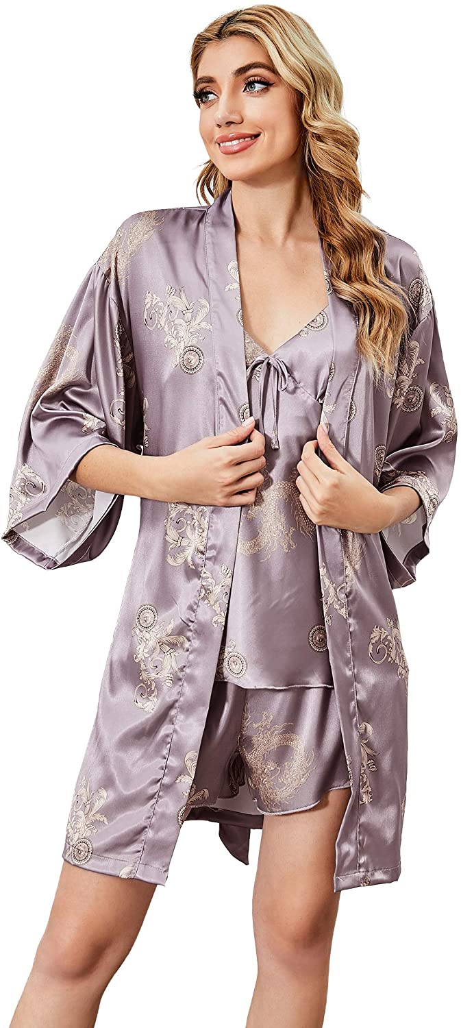 Price:$25.99 Silk Satin Pajamas Set 3pcs Floral Silky Sexy Cami Sleepwear Nightwear with Robe and Shorts at Amazon Women’s Clothing store