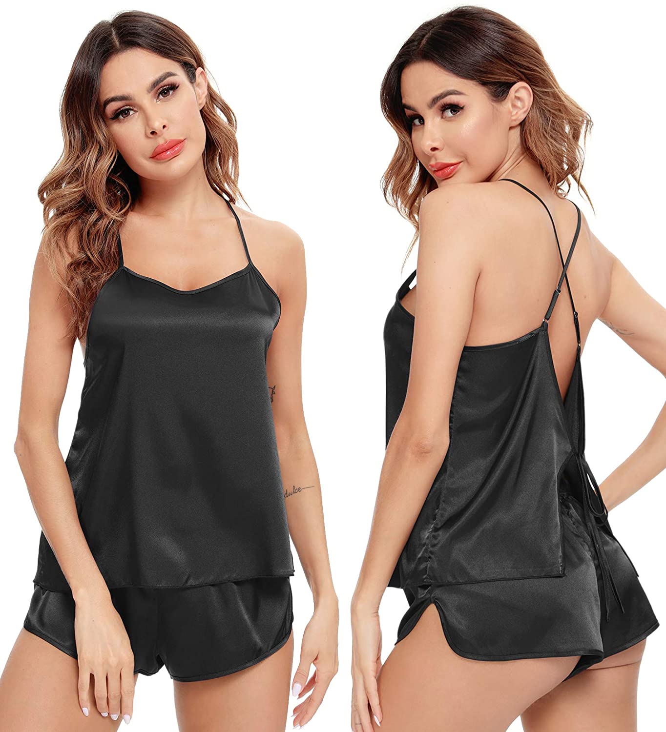 Price:$13.99 Womens Satin Pajama Sets Sexy Lingerie Nightwear Cami Silk Sleepwear 2 Piece PJs Set with Shorts S-XXL at Amazon Women’s Clothing store