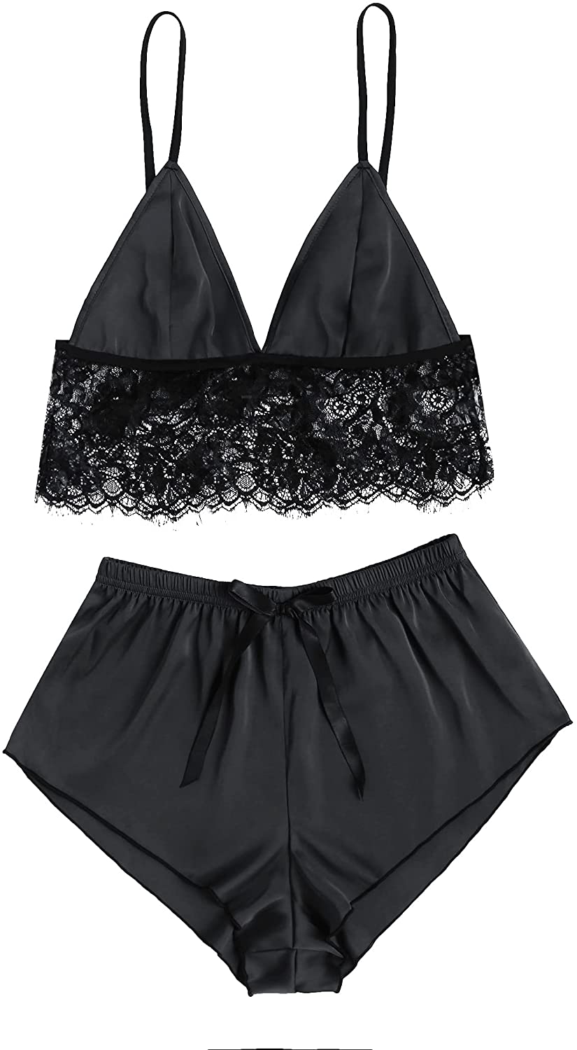 Price:$15.99 Satin Pajama Lingerie Lace Cami Top with Shorts Sexy 2 Piece Sleepwear at Amazon Women’s Clothing store