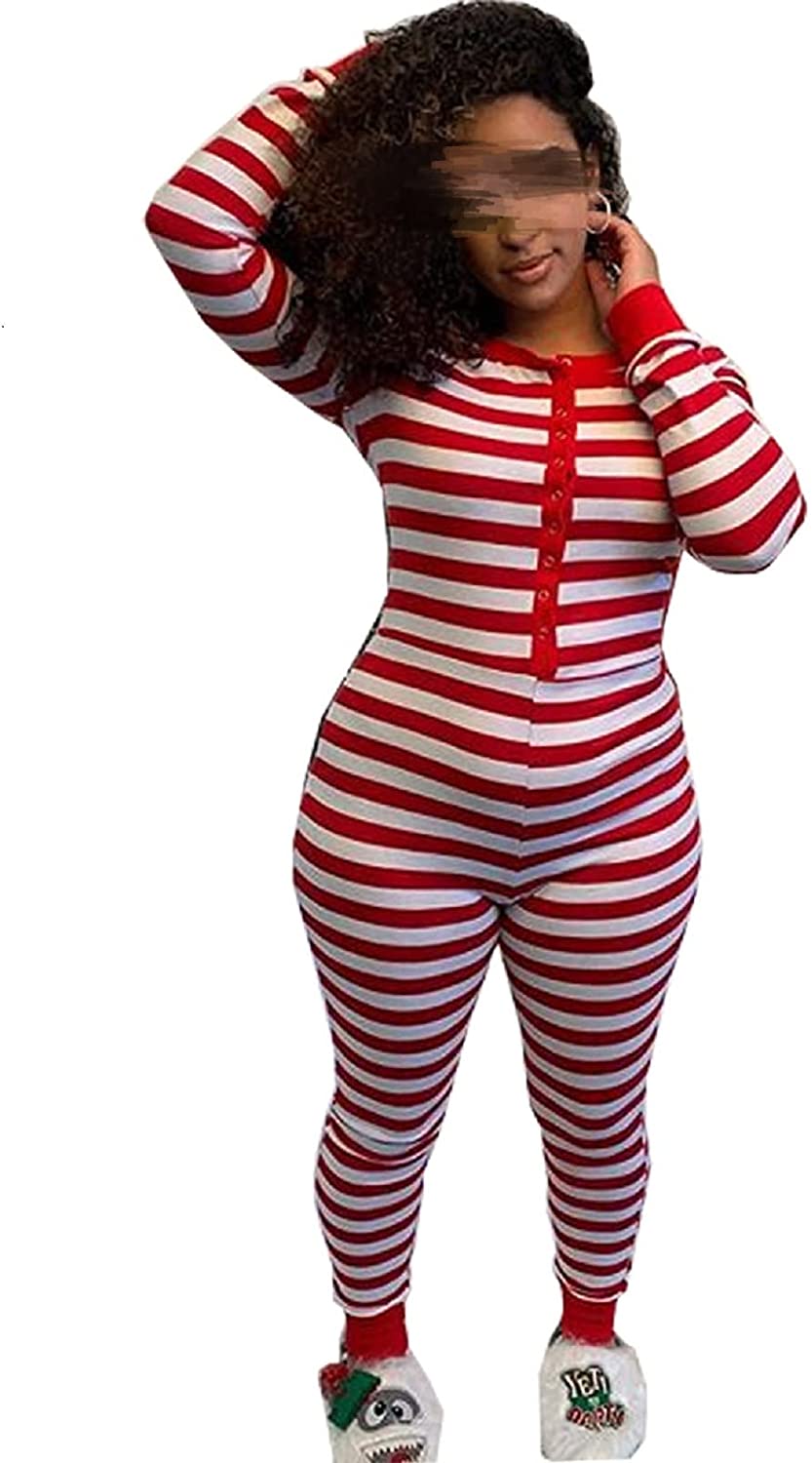 Price:$14.99 Striped Christmas Pajamas Button Down V Neck Jumpsuit Bodycon Long Sleeve One Piece Sleepwear at Amazon Women’s Clothing store