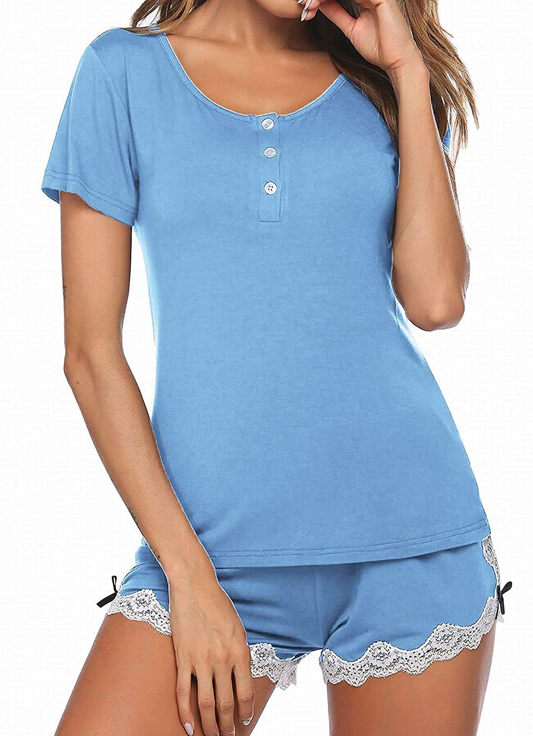 Price:$19.98 Pajamas Sets Short Sleeve Sleepwear Womens Pjs Sets Ladies Two Piece Nightwear Soft Lounge Sets S-XXL at Amazon Women’s Clothing store