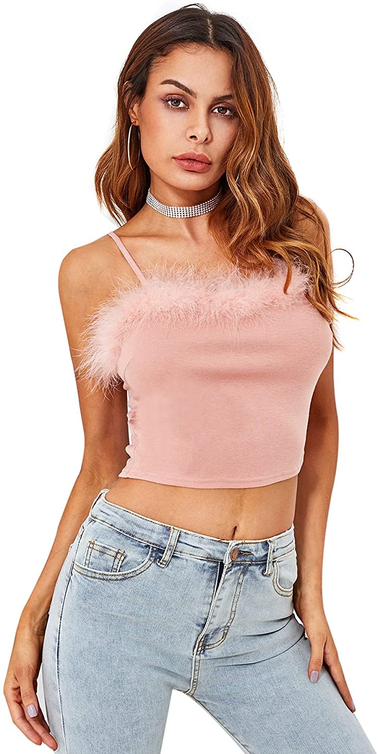 Price:$9.99 Women's Faux Fur Deco Spaghetti Strap Crop Cami Top at Amazon Women’s Clothing store