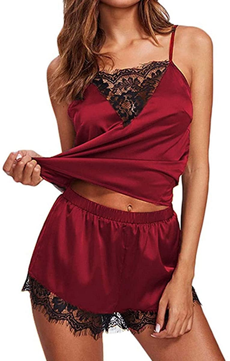 Price:$8.33 Sleepwear Womens lace Satin Sleepwear Camisole and Shorts 2-Piece Sexy V-Neck Lingerie Pajamas : Clothing, Shoes & Jewelry