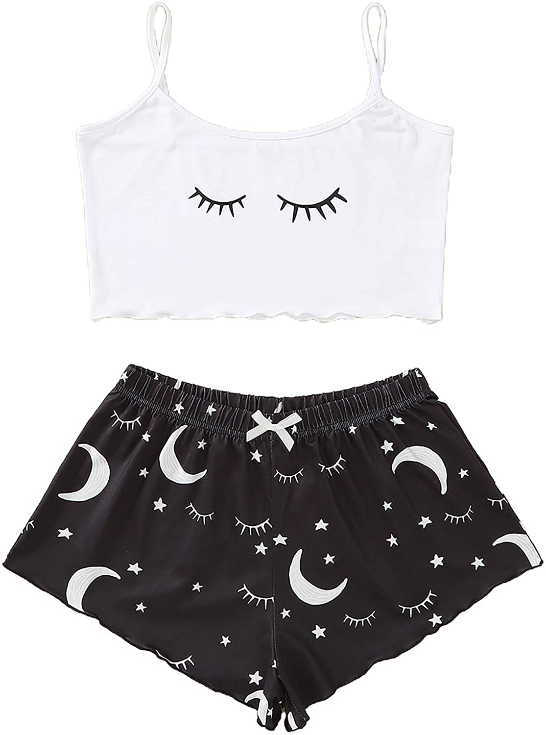 Price:$15.99 Women's Sleepwear Set Cute Print Lettuce Edge Crop Cami and Shorts Pajama Set Black X-Large at Amazon Women’s Clothing store