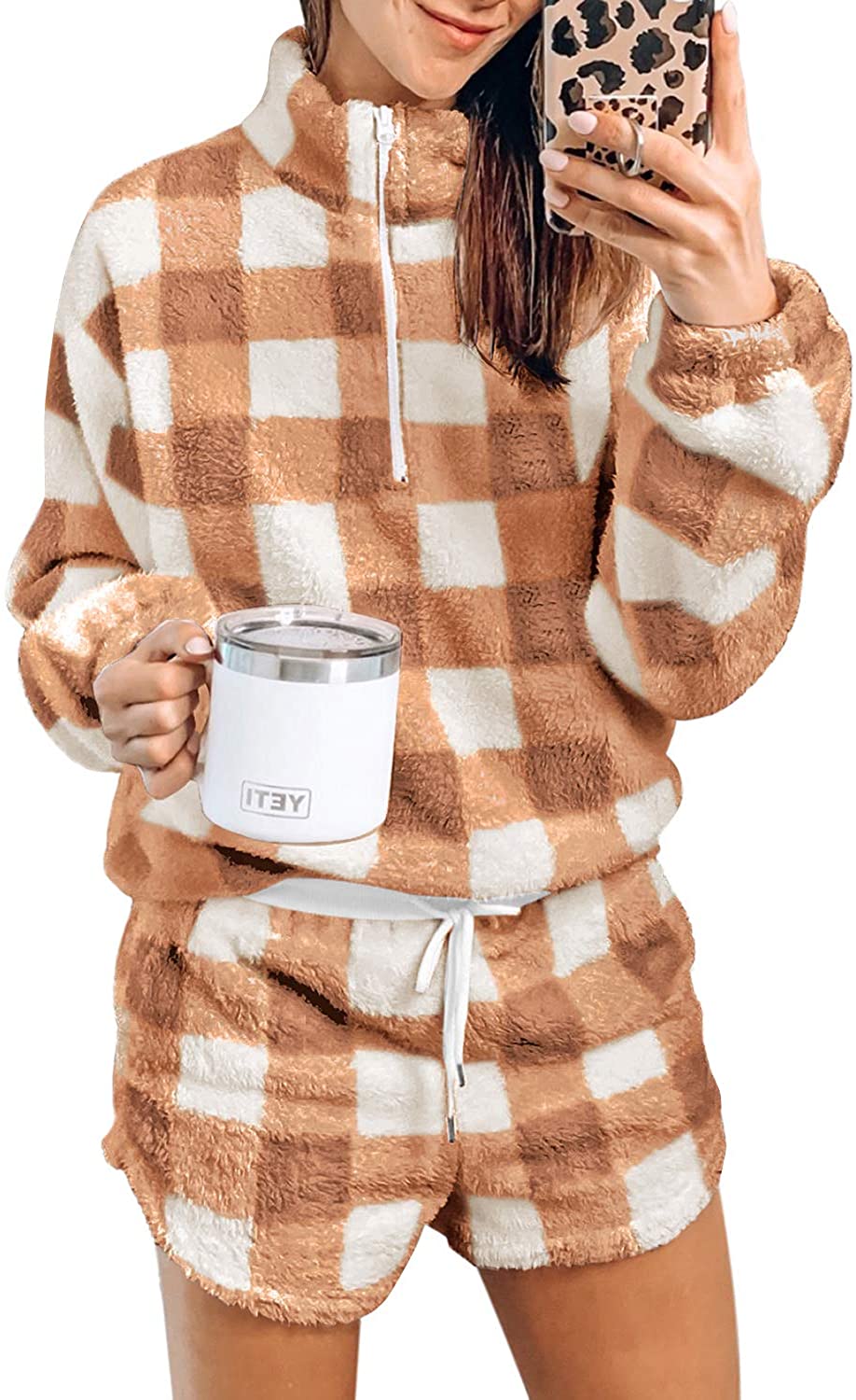 Price:$27.99 Women Long Sleeve Fleece 2 Pieces Pajama Sets Checkered Short Lounge Sets at Amazon Women’s Clothing store