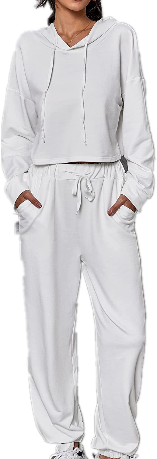 Price:$33.99 2 Piece Sweatsuit Outfits Set Long Sleeve Cropped Hoddie Pullover Sweater With Drawstring Tracksuit Jogger Lounge Set at Amazon Women’s Clothing store