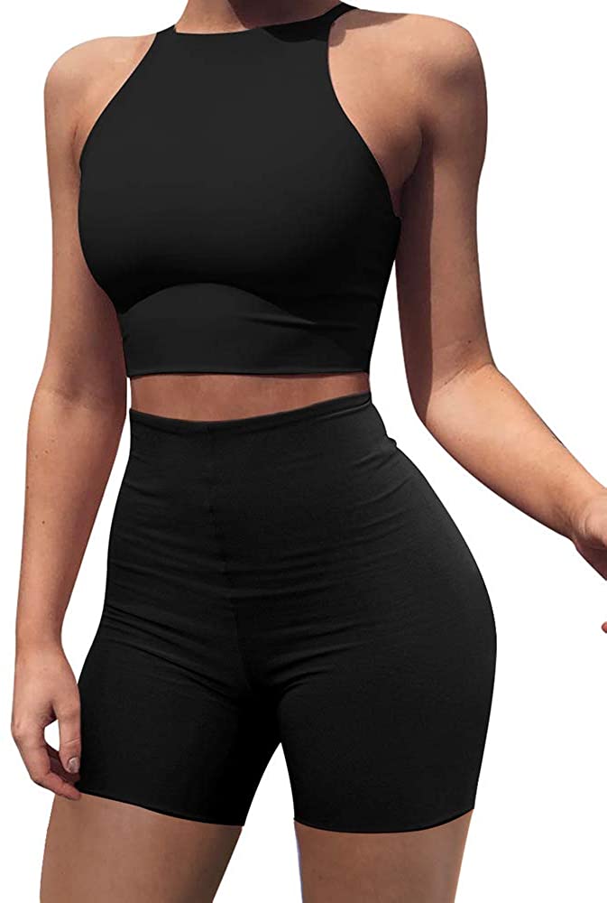 Price:$12.99 Women's Sexy 2 Pieces Outfit Halter Crop Top Bodycon Shorts Set at Amazon Women’s Clothing store