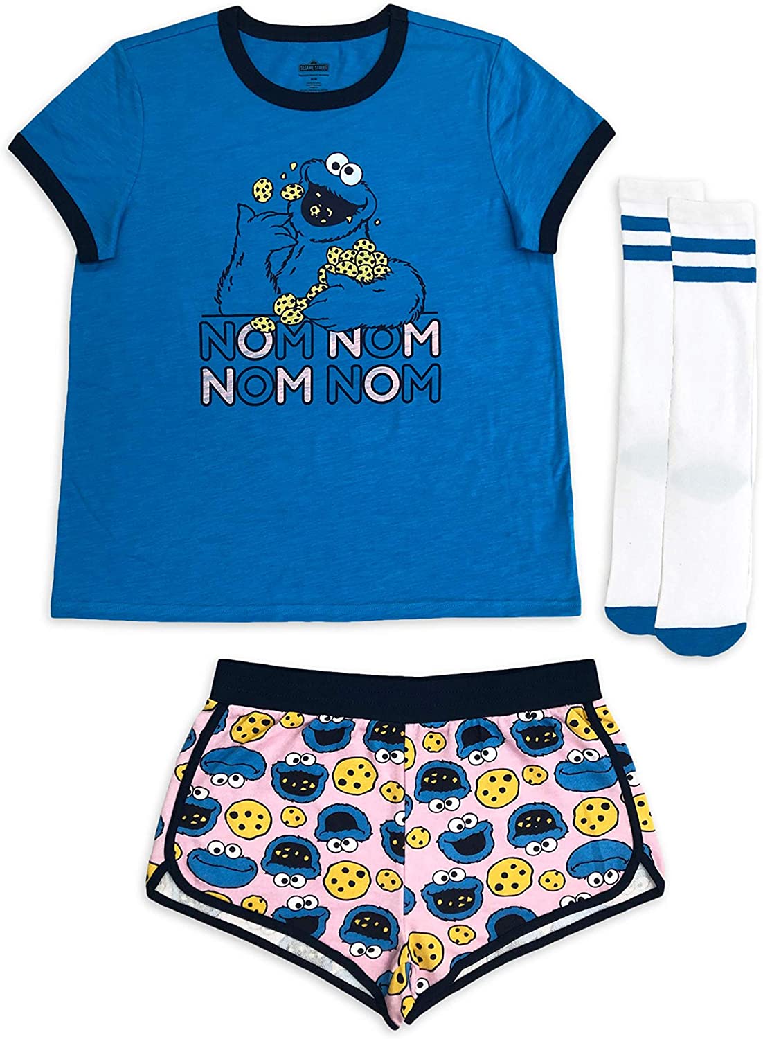 Price:$44.99 Cookie Monster Nom Nom 3 Piece Short Pajama Set, (Size XS, Turquoise Multi) at Amazon Women’s Clothing store