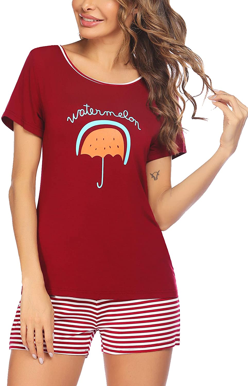 Price:$24.99 Women's Pajama Set Short Sleeve Sleepwear Soft Pj Set Cute Cartoon Print Nightwear at Amazon Women’s Clothing store