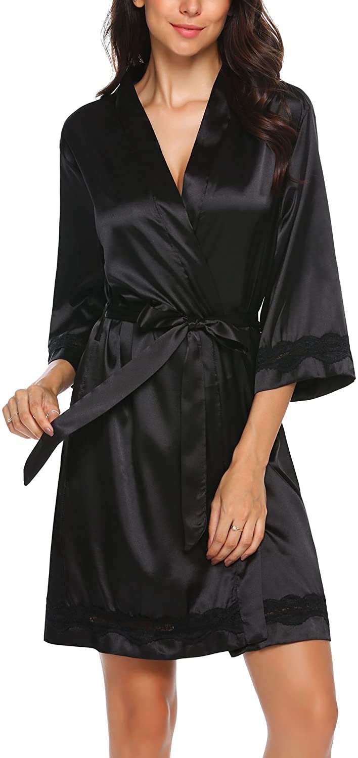 Price:$19.99 Women's Lace-Trim Kimono Style Short Satin Robe Sleepwear with 3/4 Sleeve at Amazon Women’s Clothing store