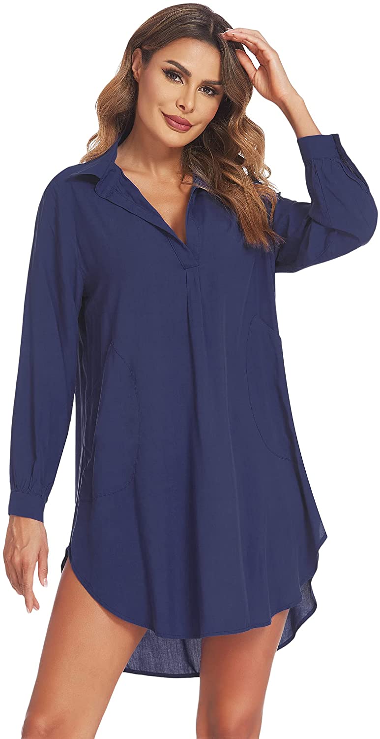 Price:$16.09 Womens Nighgown Long Sleeve V-Neck Sleep Shirt Soft Sleepwear Pajama Tops Oversized Boyfriend Nightshirt with Pockets at Amazon Women’s Clothing store